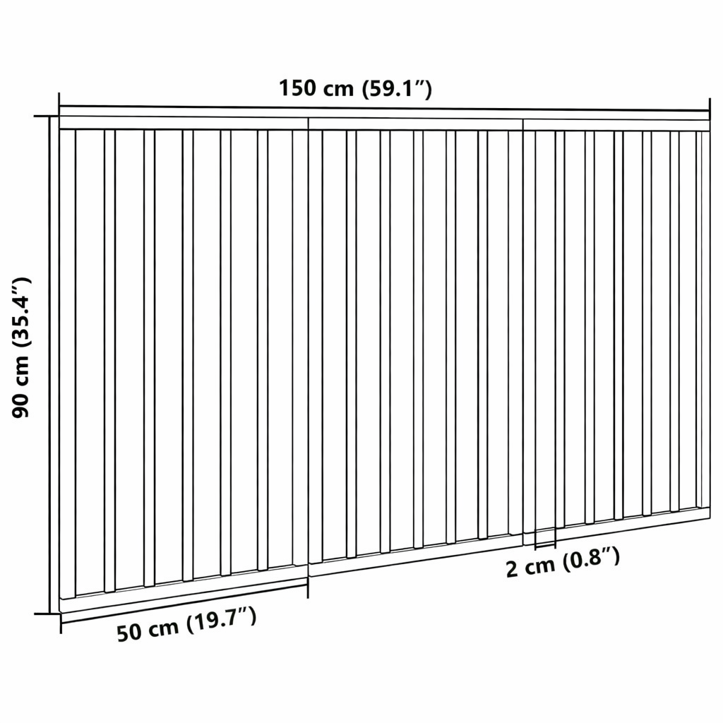 Dimensional diagram of the dog gate showing a total length of 150 cm, height of 90 cm, and panel thickness of 2 cm.