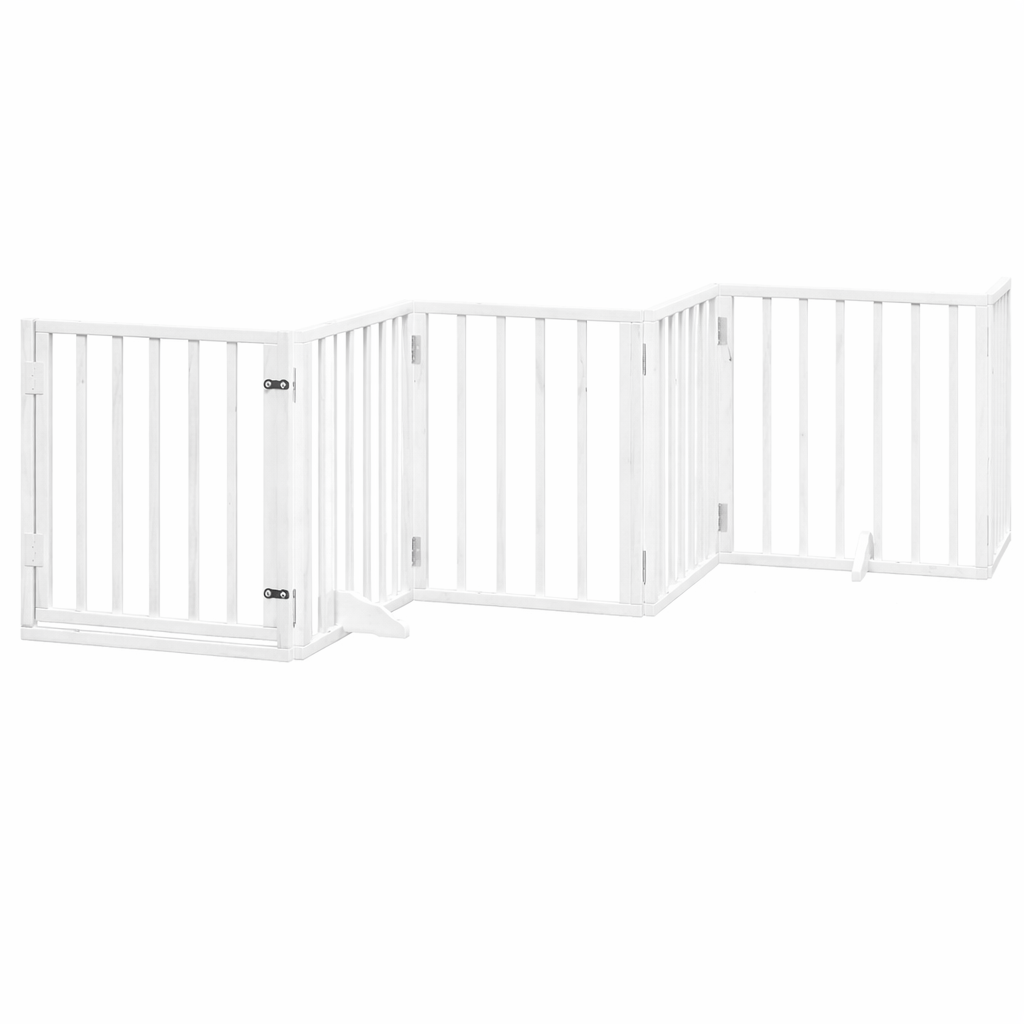 White foldable dog gate with door, 6-panel wooden pet fence with stabilising feet for indoor room division.