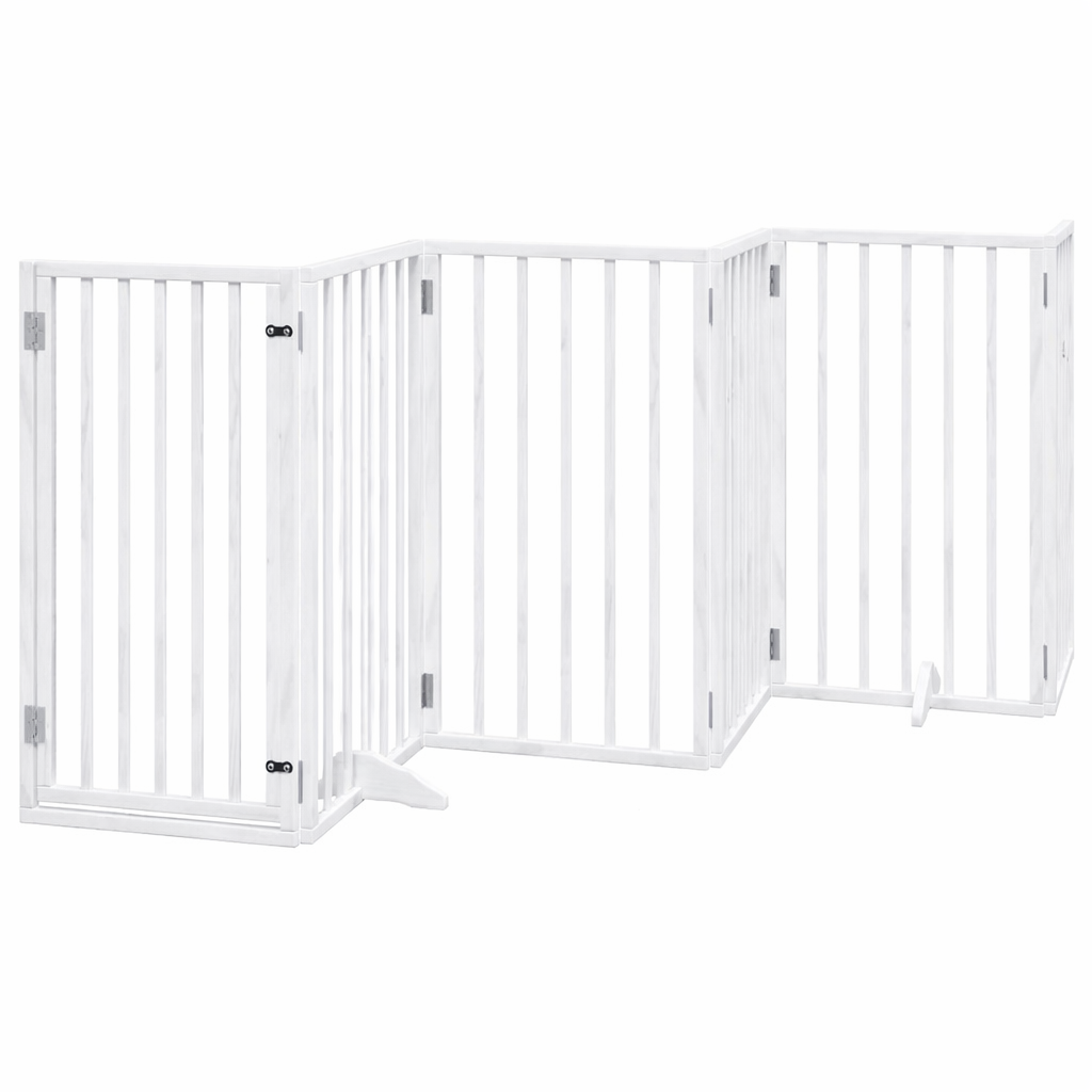White foldable wooden pet gate with 6 panels, 300cm wide freestanding safety fence for small to medium dogs.